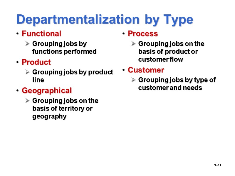 9–11 Departmentalization by Type Functional  Grouping jobs by functions performed Product Grouping jobs